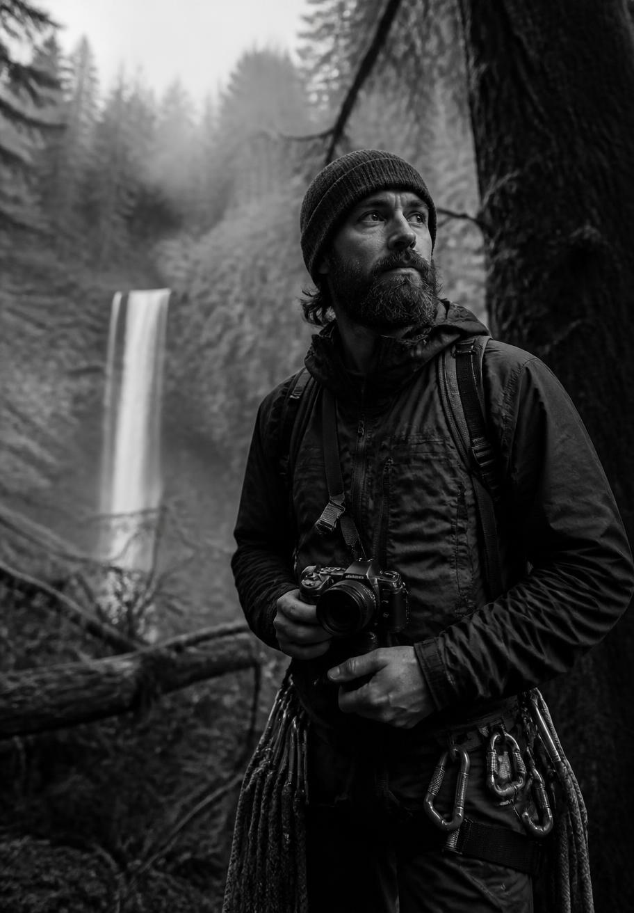Black and white portrait of Alan Mercer with climbing gear in a Pacific Northwest forest