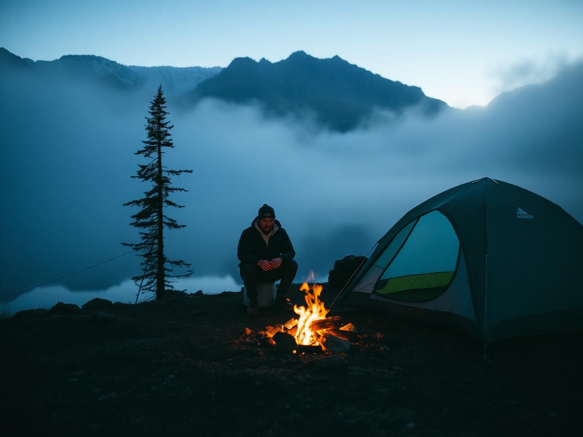 Campers beside a fire at a misty alpine lake at blue hour
