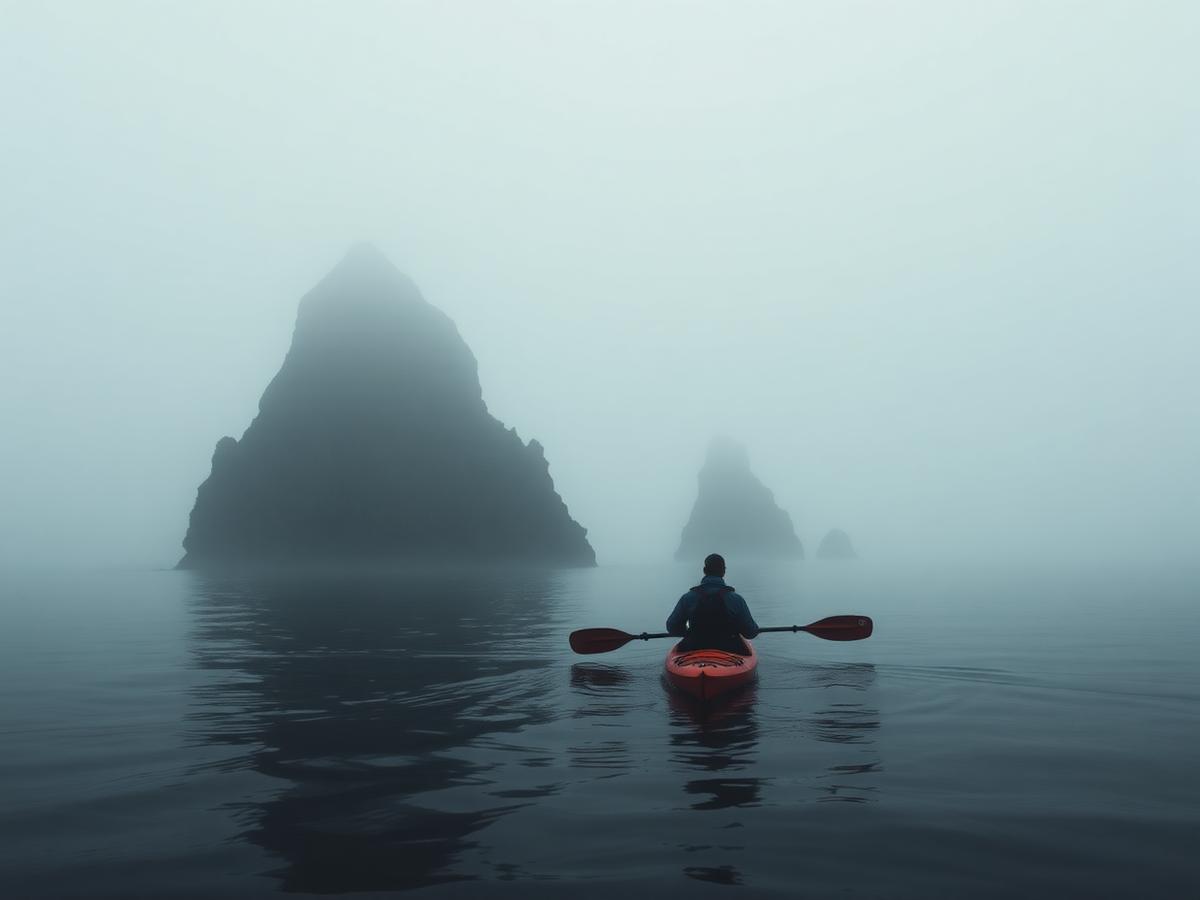 Kayaker paddling past sea stacks in coastal fog