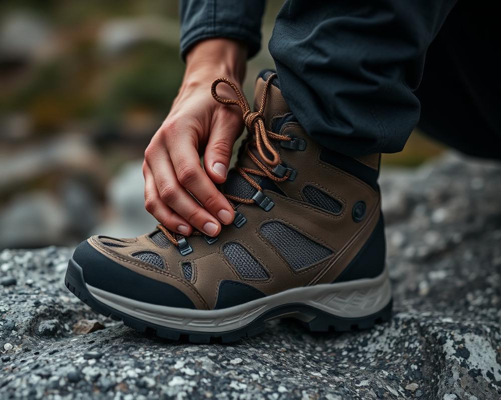 Close-up of hands lacing a hiking boot on granite