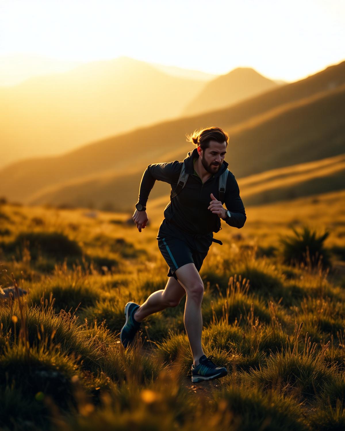 Trail runner crossing an alpine meadow at golden hour